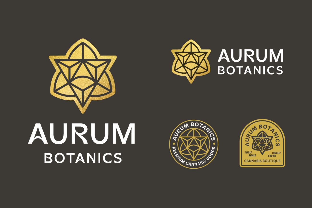 Aurum Botanics logo variations featuring a geometric gold emblem with modern typography, displayed on a dark background with circular and badge-style designs highlighting premium cannabis branding.