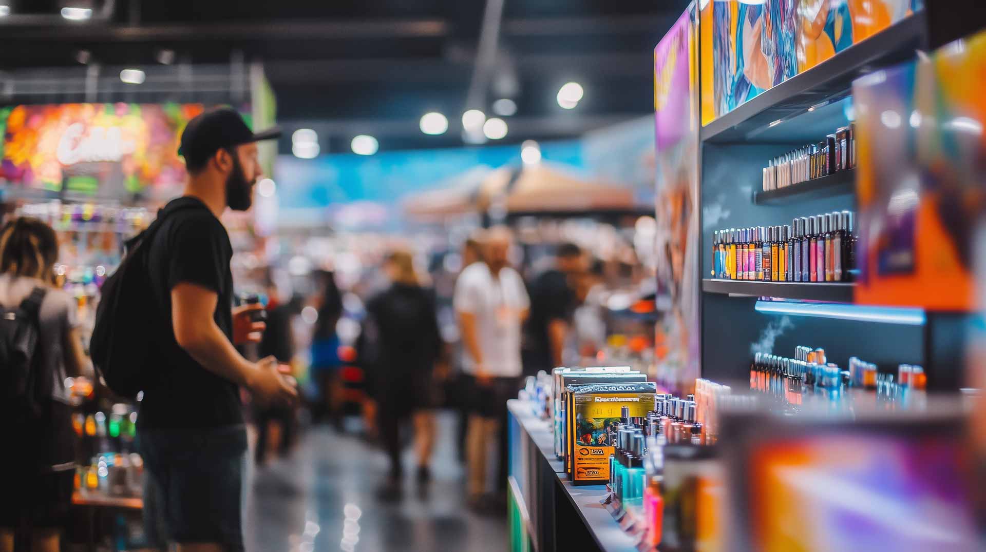 Cannabis trade show with marijuana vape products on display and attendees browsing in the background.