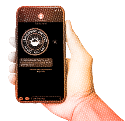 Stylized version of hand holding Mobiel phone with SMS text from Lightshade Dispensary